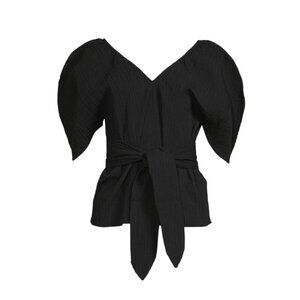 Mara Hoffman Fia Belted Top Blouse Shirt Womens Medium Black V-Neck Crinkled